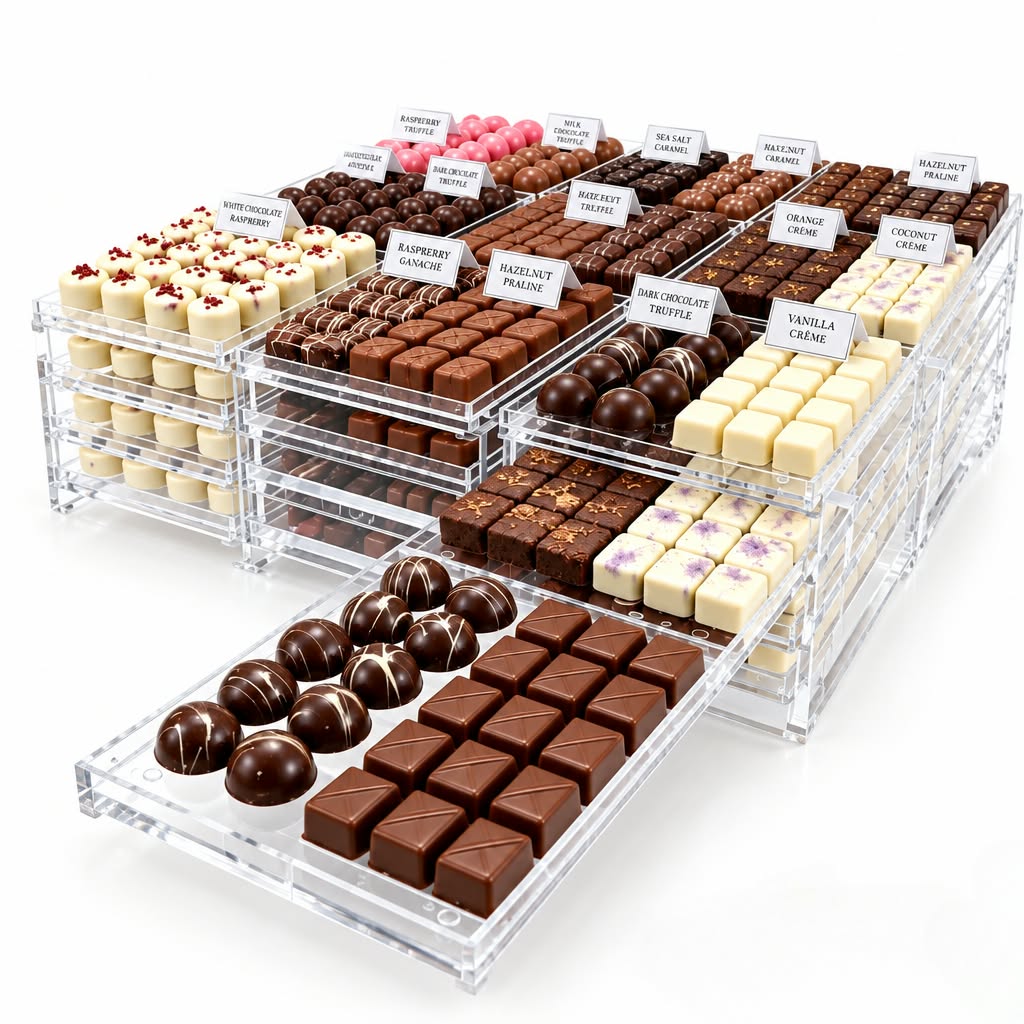 Plexiglas displaylades gevuld met pralines, gemaakt door Plexitoren